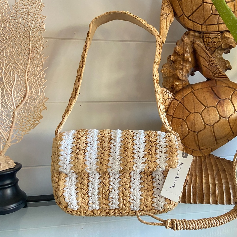 Anthropologie STRIPED RAFFIA SHOULDER BAG IN BEIGE